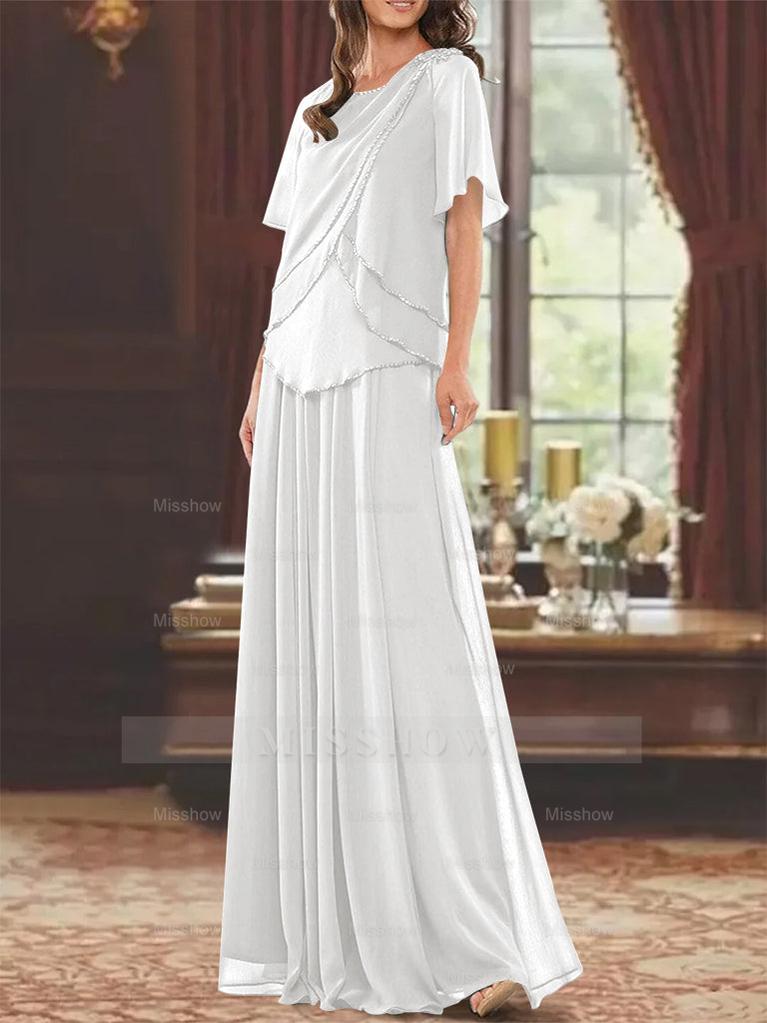 Princess A-Line Floor-Length Mother of the Bride Dress with Jewel Neck Short Sleeves Pleats & Beading