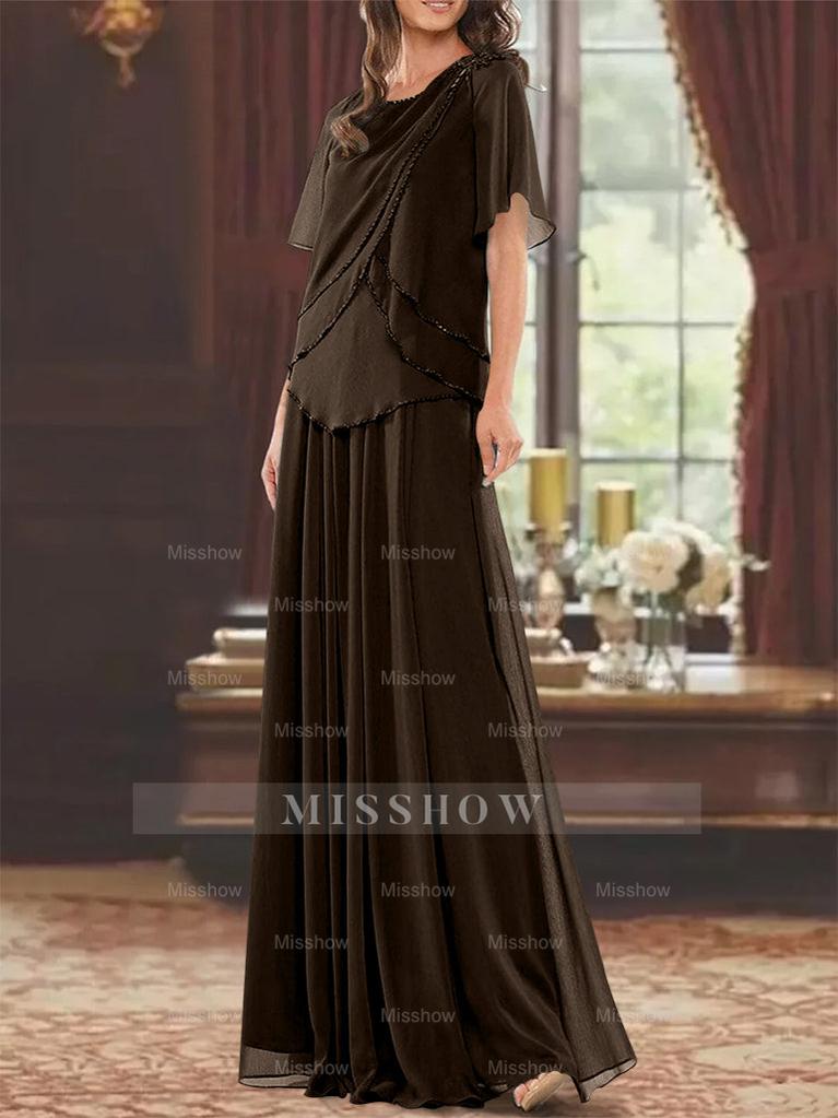 Princess A-Line Floor-Length Mother of the Bride Dress with Jewel Neck Short Sleeves Pleats & Beading