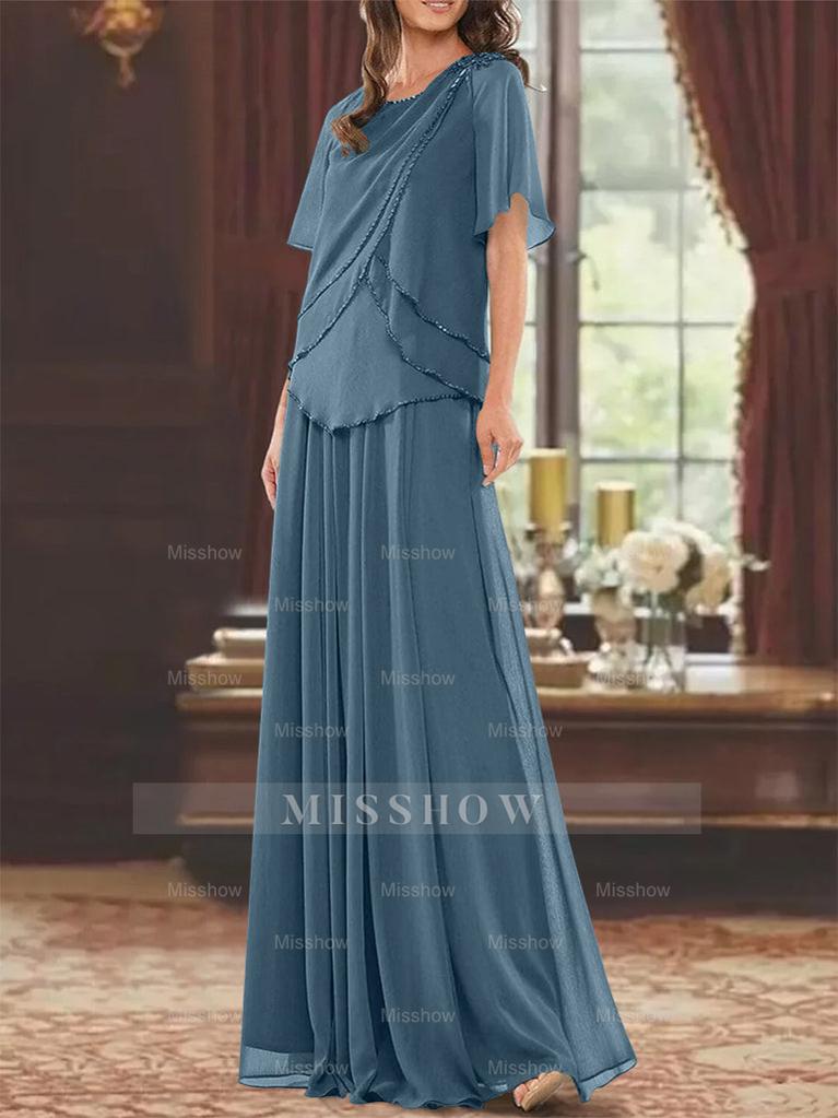 Princess A-Line Floor-Length Mother of the Bride Dress with Jewel Neck Short Sleeves Pleats & Beading