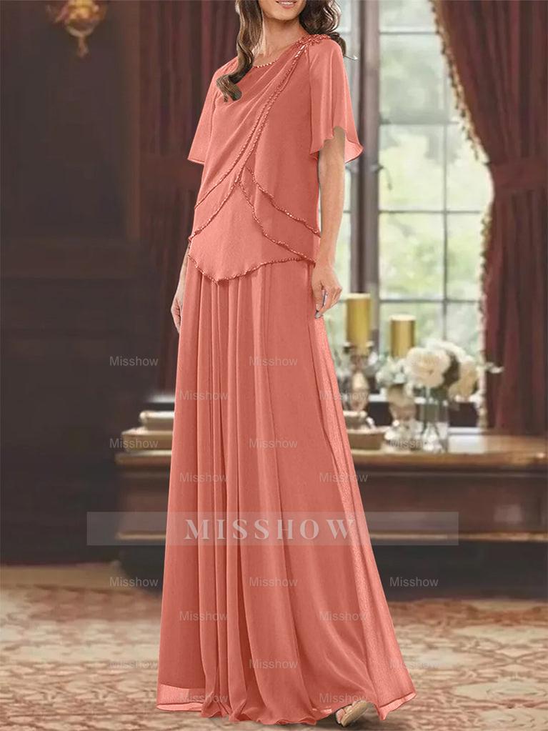 Princess A-Line Floor-Length Mother of the Bride Dress with Jewel Neck Short Sleeves Pleats & Beading