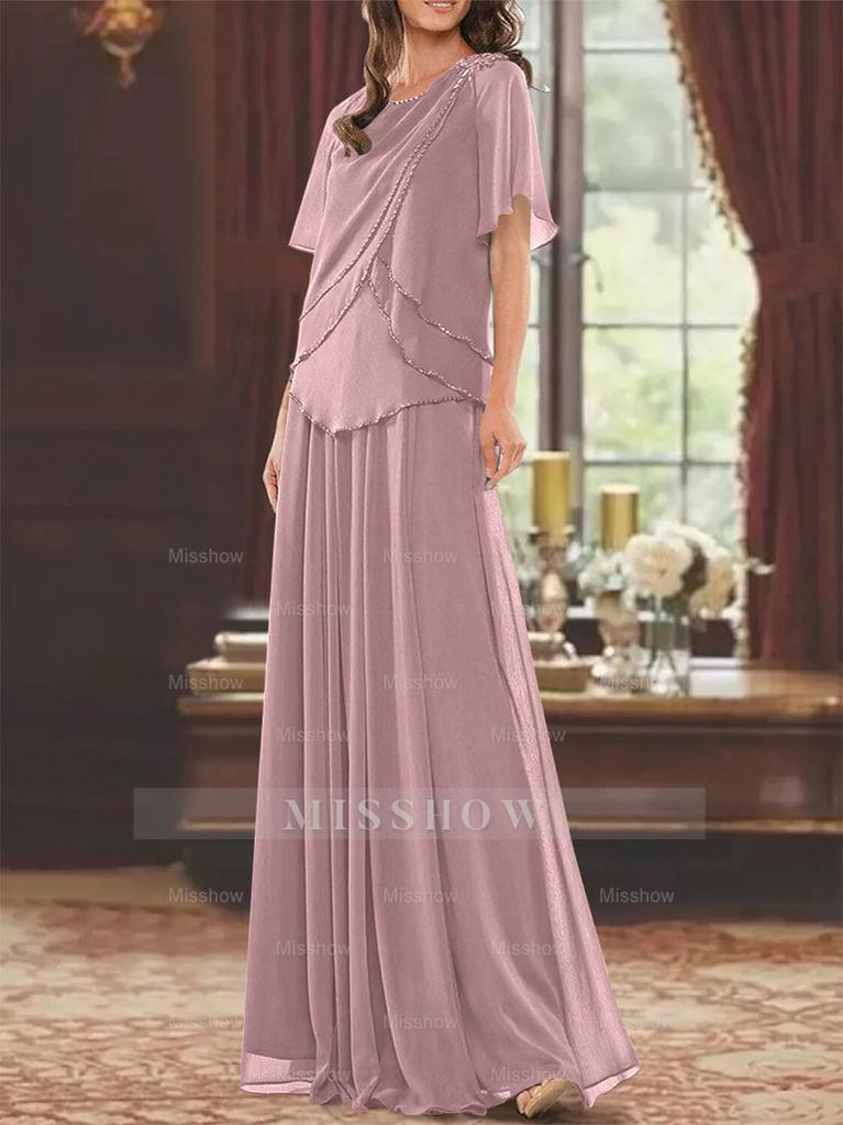Princess A-Line Floor-Length Mother of the Bride Dress with Jewel Neck Short Sleeves Pleats & Beading