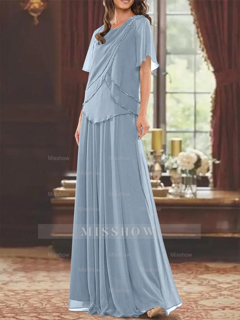 Princess A-Line Floor-Length Mother of the Bride Dress with Jewel Neck Short Sleeves Pleats & Beading