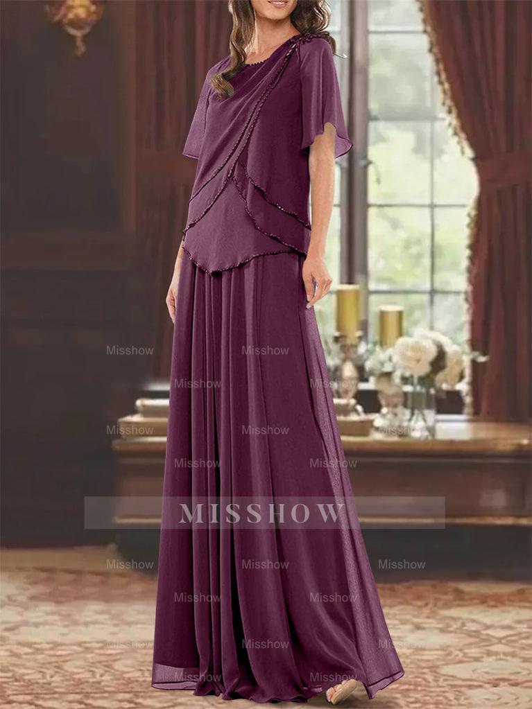 Princess A-Line Floor-Length Mother of the Bride Dress with Jewel Neck Short Sleeves Pleats & Beading