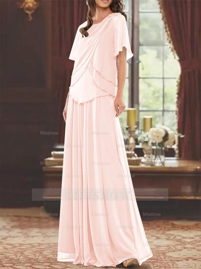 Princess A-Line Floor-Length Mother of the Bride Dress with Jewel Neck Short Sleeves Pleats & Beading