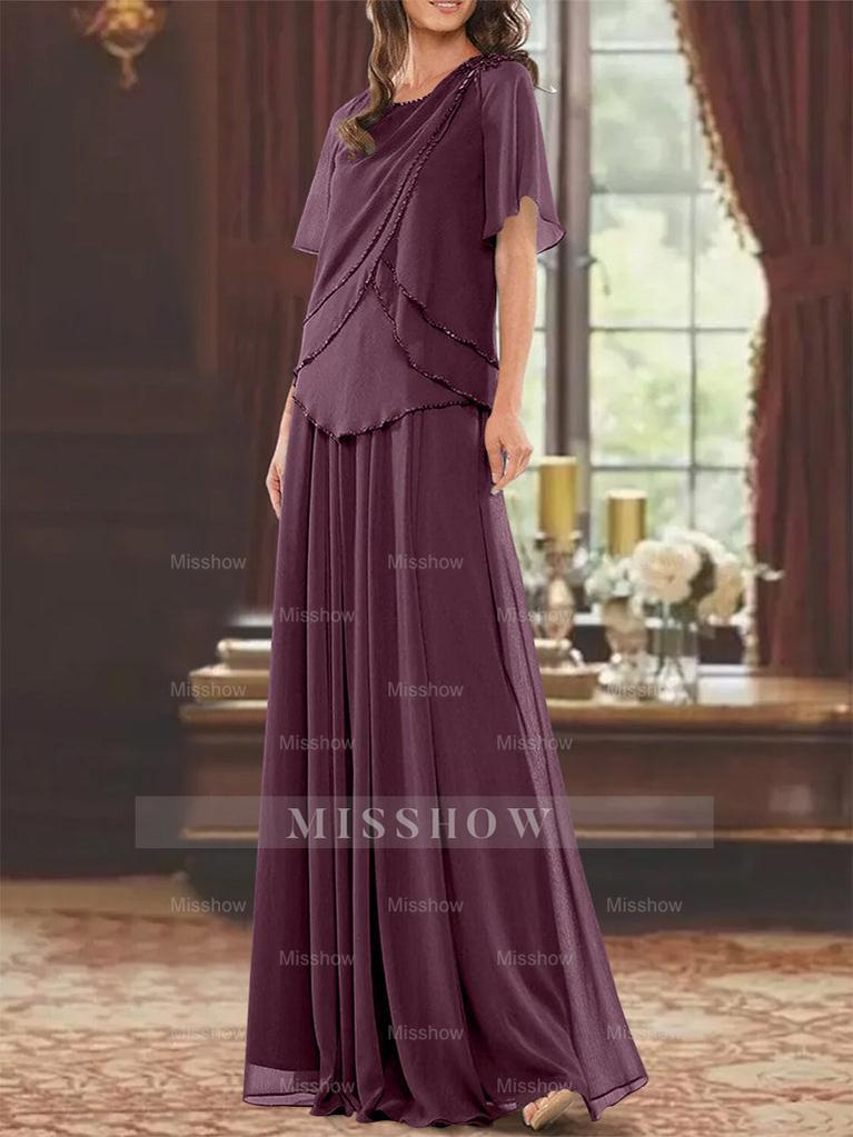 Princess A-Line Floor-Length Mother of the Bride Dress with Jewel Neck Short Sleeves Pleats & Beading