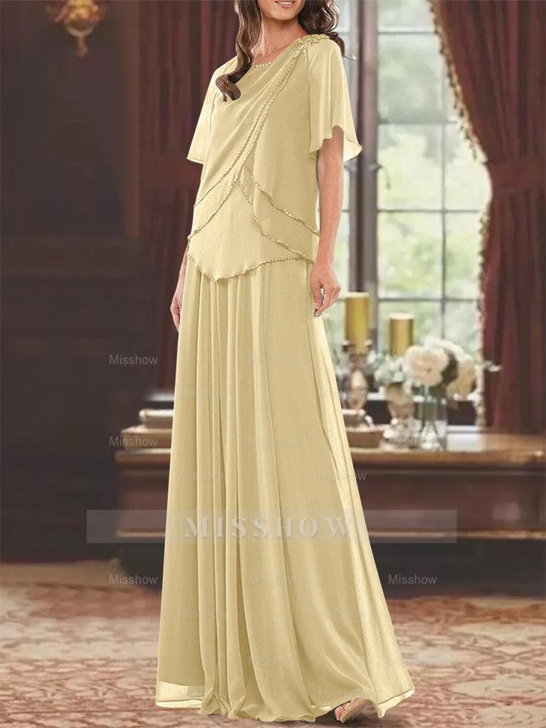 Princess A-Line Floor-Length Mother of the Bride Dress with Jewel Neck Short Sleeves Pleats & Beading