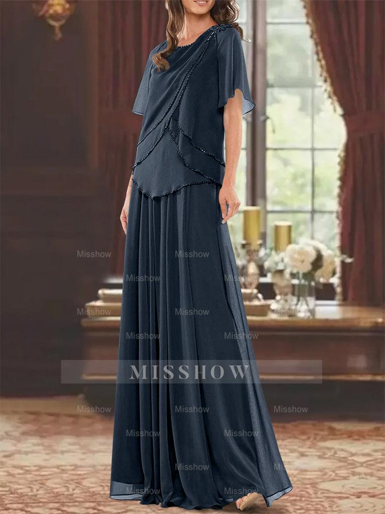 Princess A-Line Floor-Length Mother of the Bride Dress with Jewel Neck Short Sleeves Pleats & Beading