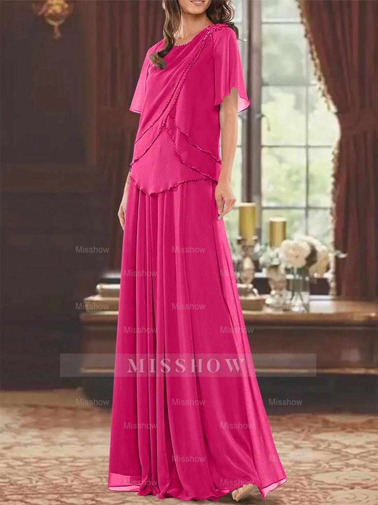 Princess A-Line Floor-Length Mother of the Bride Dress with Jewel Neck Short Sleeves Pleats & Beading
