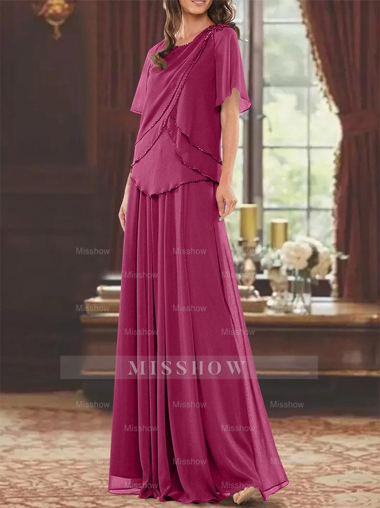 Princess A-Line Floor-Length Mother of the Bride Dress with Jewel Neck Short Sleeves Pleats & Beading