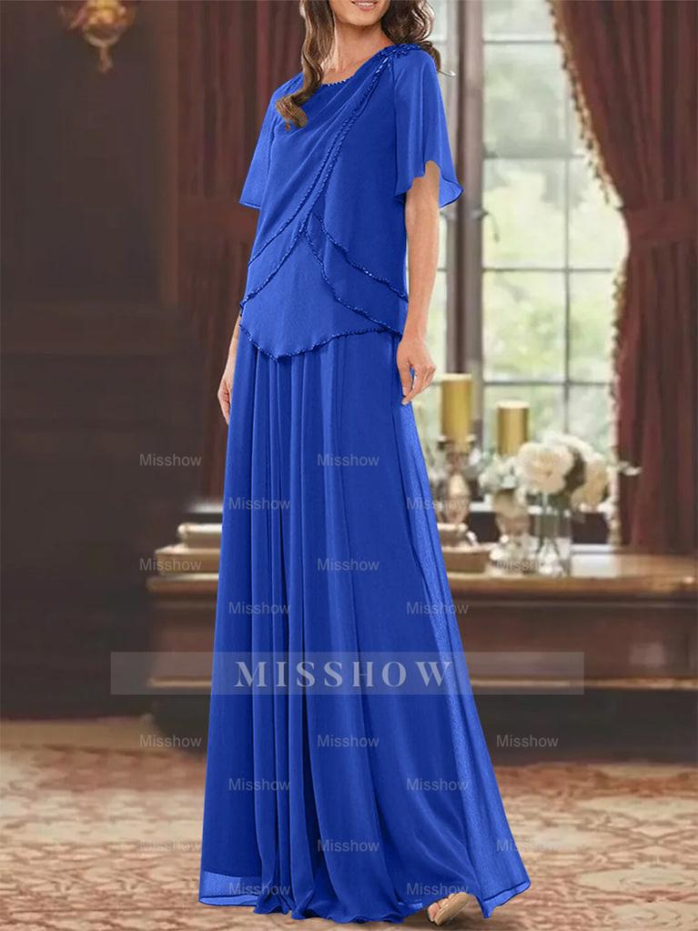 Princess A-Line Floor-Length Mother of the Bride Dress with Jewel Neck Short Sleeves Pleats & Beading