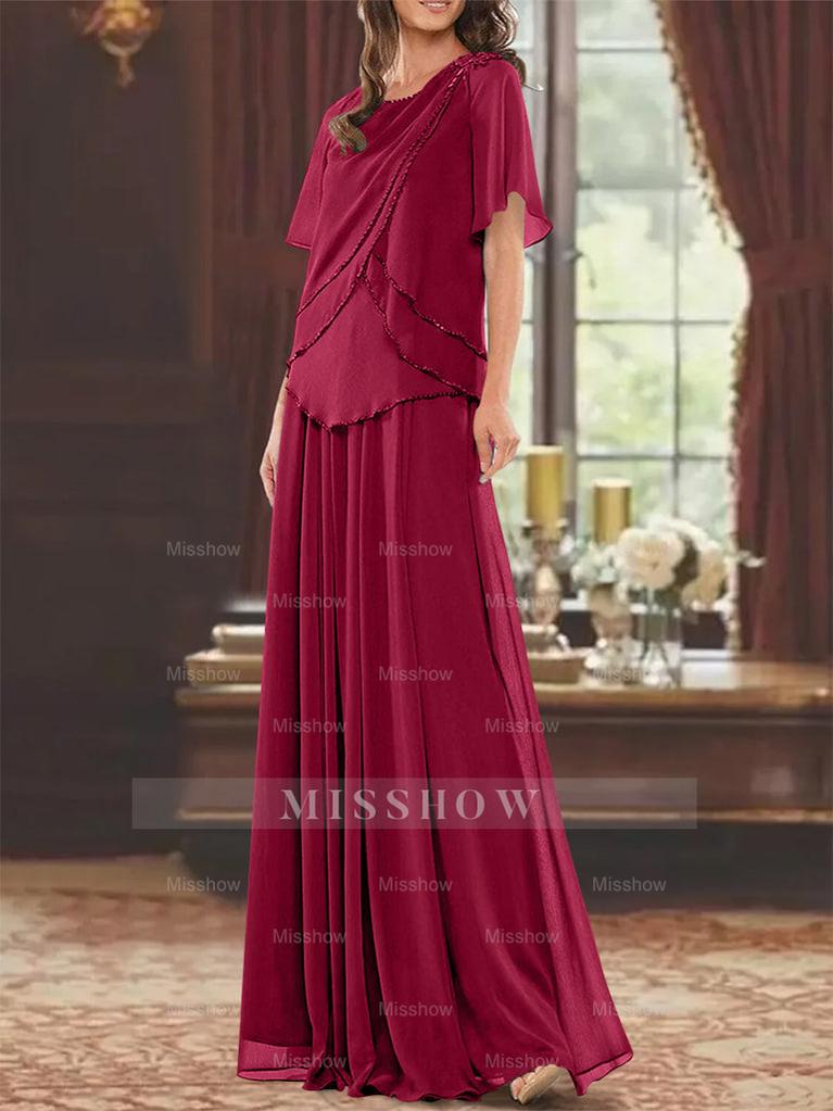 Princess A-Line Floor-Length Mother of the Bride Dress with Jewel Neck Short Sleeves Pleats & Beading