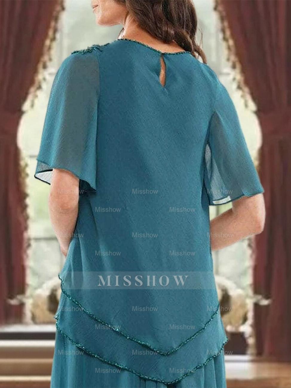 Princess A-Line Floor-Length Mother of the Bride Dress with Jewel Neck Short Sleeves Pleats & Beading