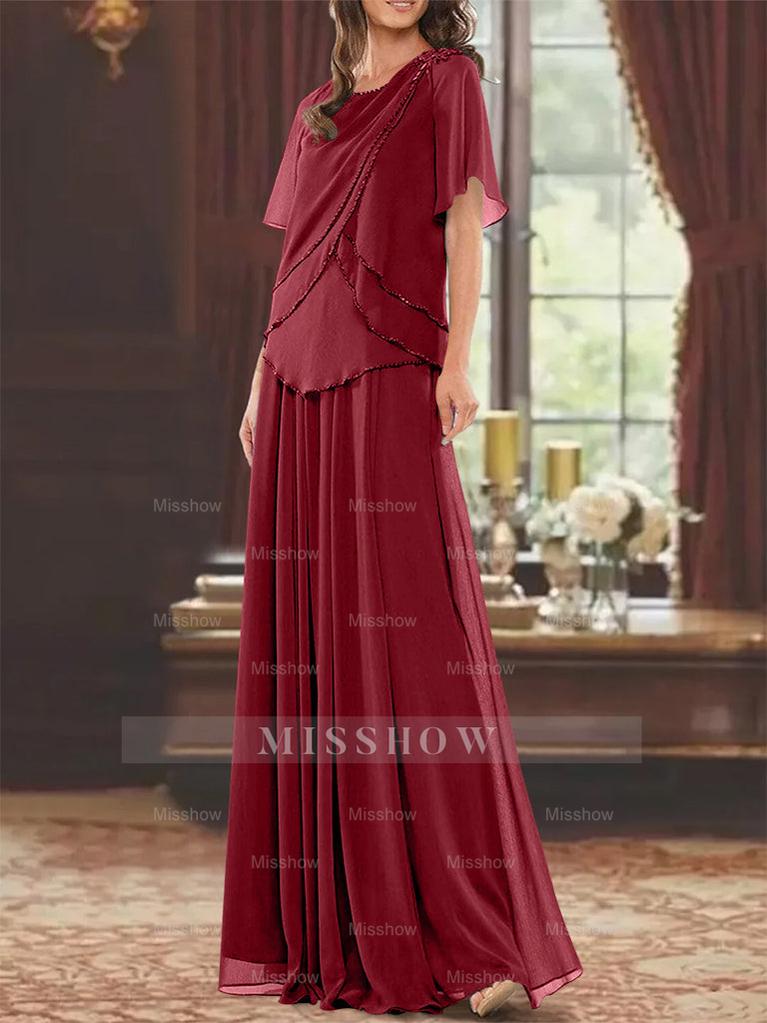 Princess A-Line Floor-Length Mother of the Bride Dress with Jewel Neck Short Sleeves Pleats & Beading