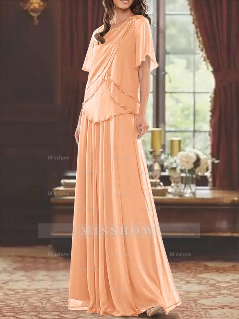 Princess A-Line Floor-Length Mother of the Bride Dress with Jewel Neck Short Sleeves Pleats & Beading