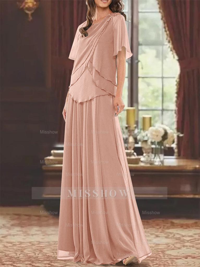 Princess A-Line Floor-Length Mother of the Bride Dress with Jewel Neck Short Sleeves Pleats & Beading