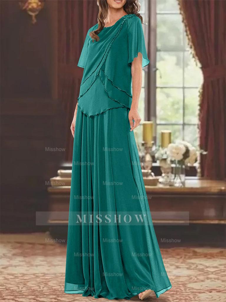 Princess A-Line Floor-Length Mother of the Bride Dress with Jewel Neck Short Sleeves Pleats & Beading