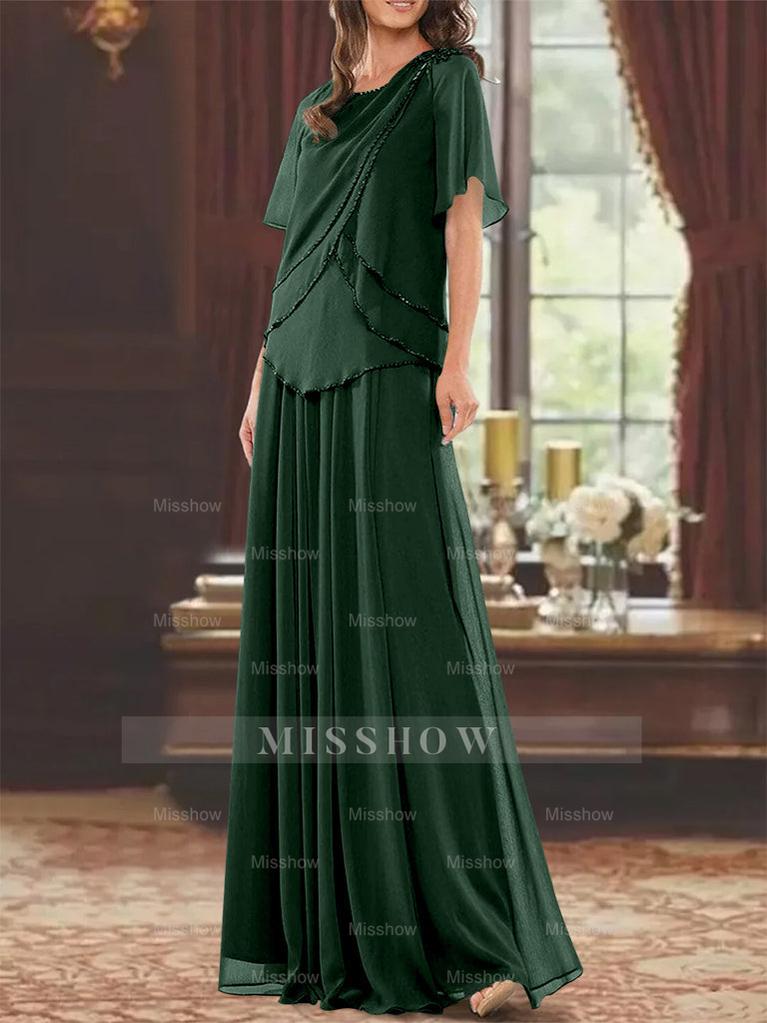 Princess A-Line Floor-Length Mother of the Bride Dress with Jewel Neck Short Sleeves Pleats & Beading
