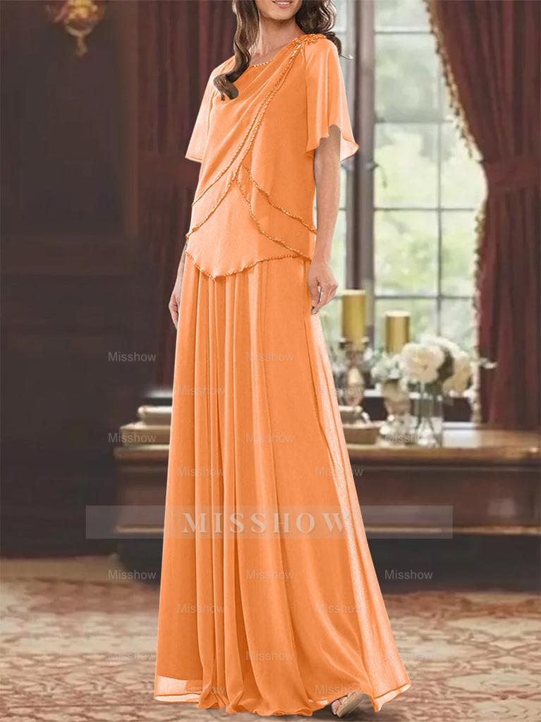 Princess A-Line Floor-Length Mother of the Bride Dress with Jewel Neck Short Sleeves Pleats & Beading