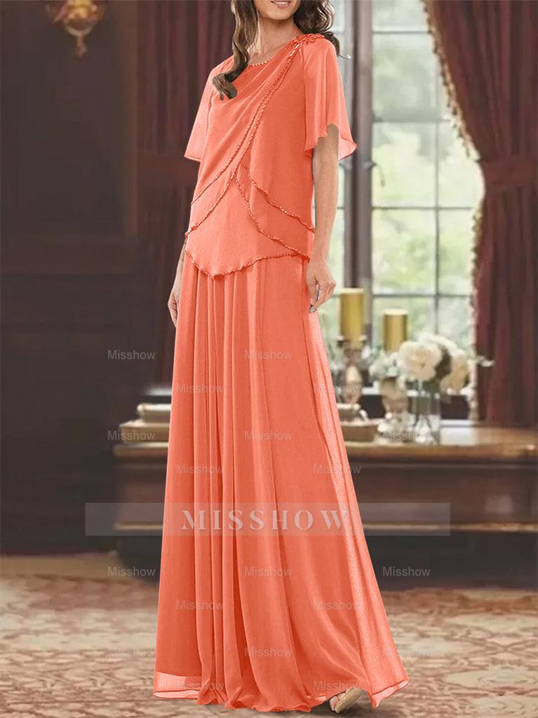 Princess A-Line Floor-Length Mother of the Bride Dress with Jewel Neck Short Sleeves Pleats & Beading