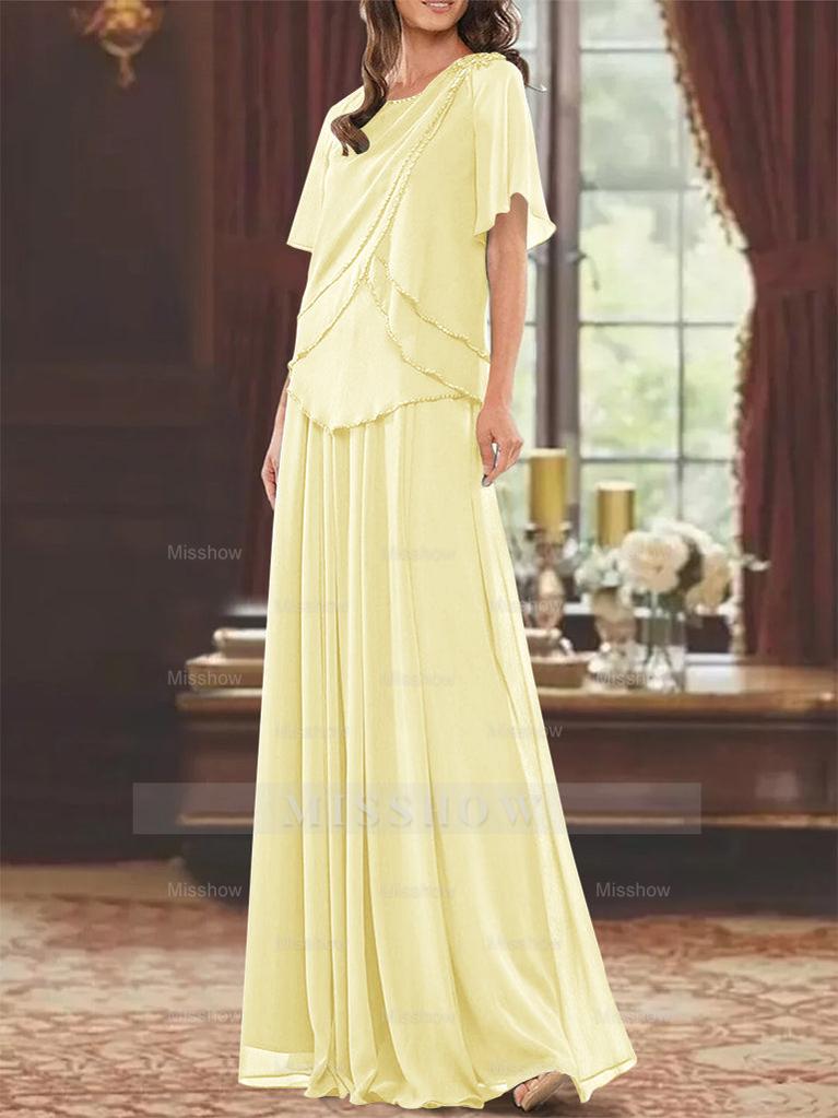 Princess A-Line Floor-Length Mother of the Bride Dress with Jewel Neck Short Sleeves Pleats & Beading