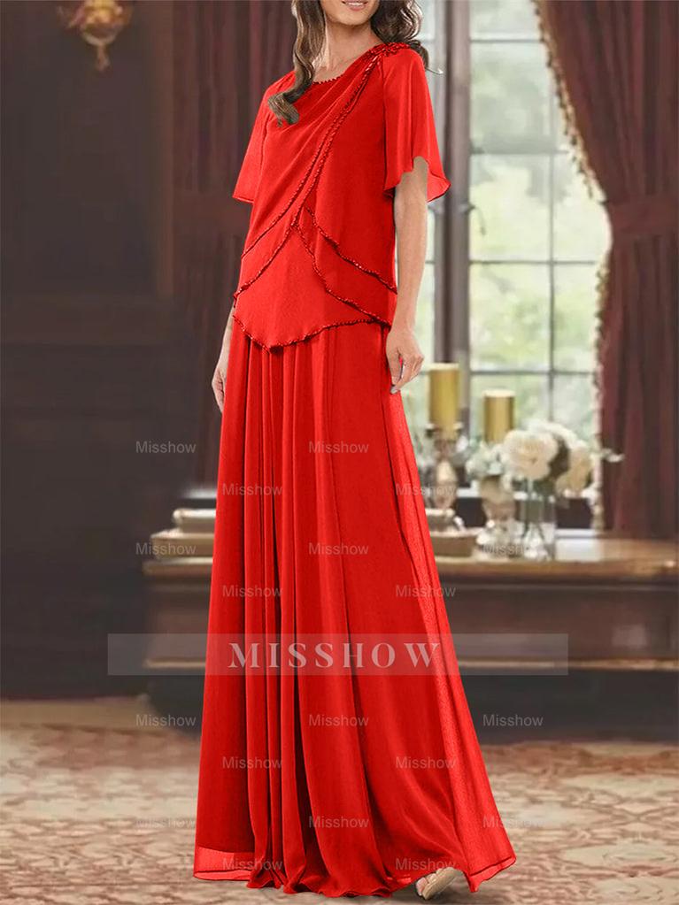 Princess A-Line Floor-Length Mother of the Bride Dress with Jewel Neck Short Sleeves Pleats & Beading