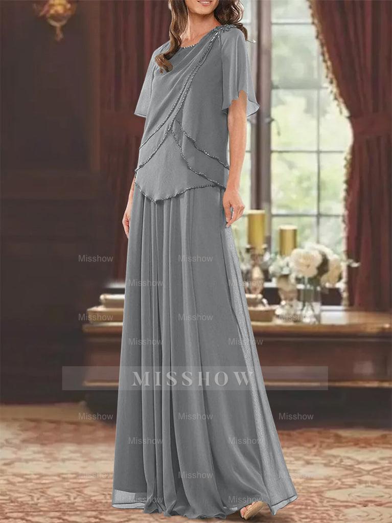 Princess A-Line Floor-Length Mother of the Bride Dress with Jewel Neck Short Sleeves Pleats & Beading