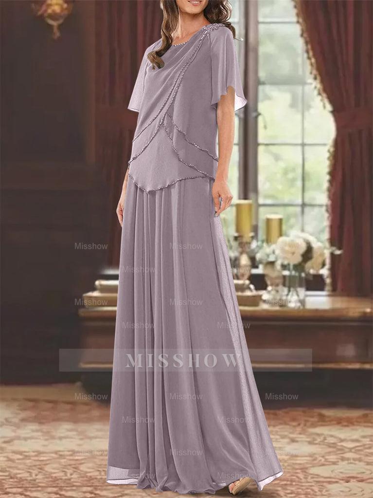 Princess A-Line Floor-Length Mother of the Bride Dress with Jewel Neck Short Sleeves Pleats & Beading