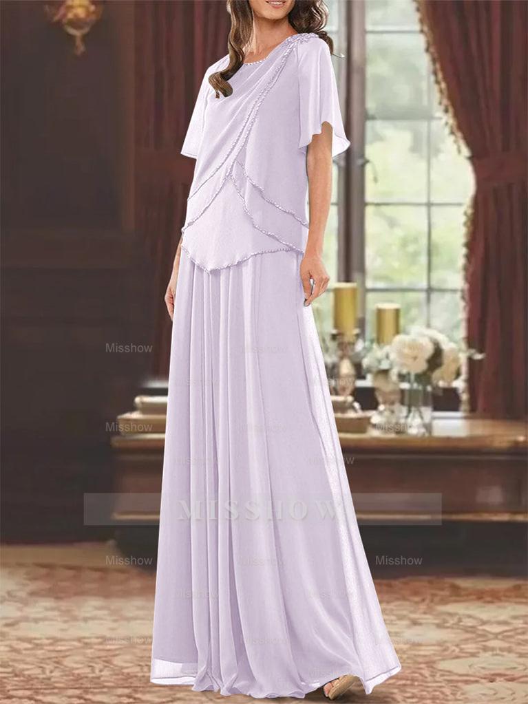Princess A-Line Floor-Length Mother of the Bride Dress with Jewel Neck Short Sleeves Pleats & Beading