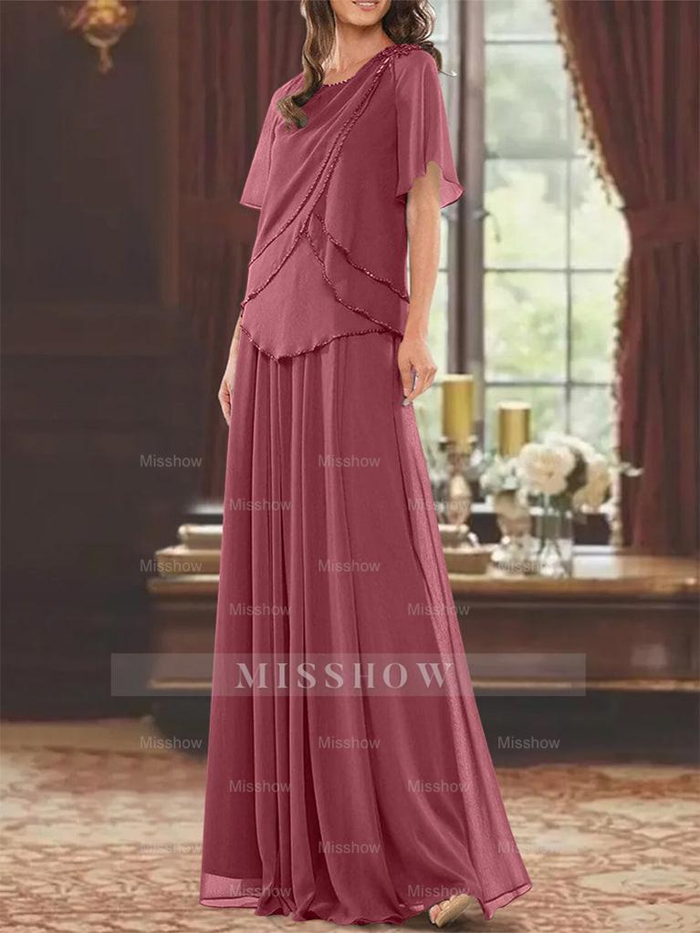 Princess A-Line Floor-Length Mother of the Bride Dress with Jewel Neck Short Sleeves Pleats & Beading
