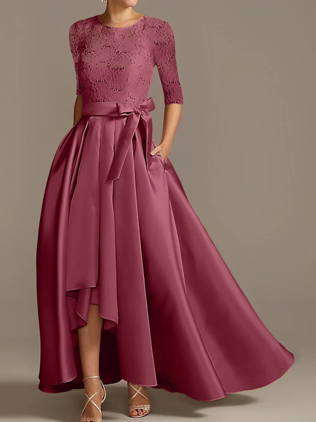 Princess A-Line Floor-Length Mother of the Bride Dress with Scoop Neck Half Sleeves and Ruffled Bows
