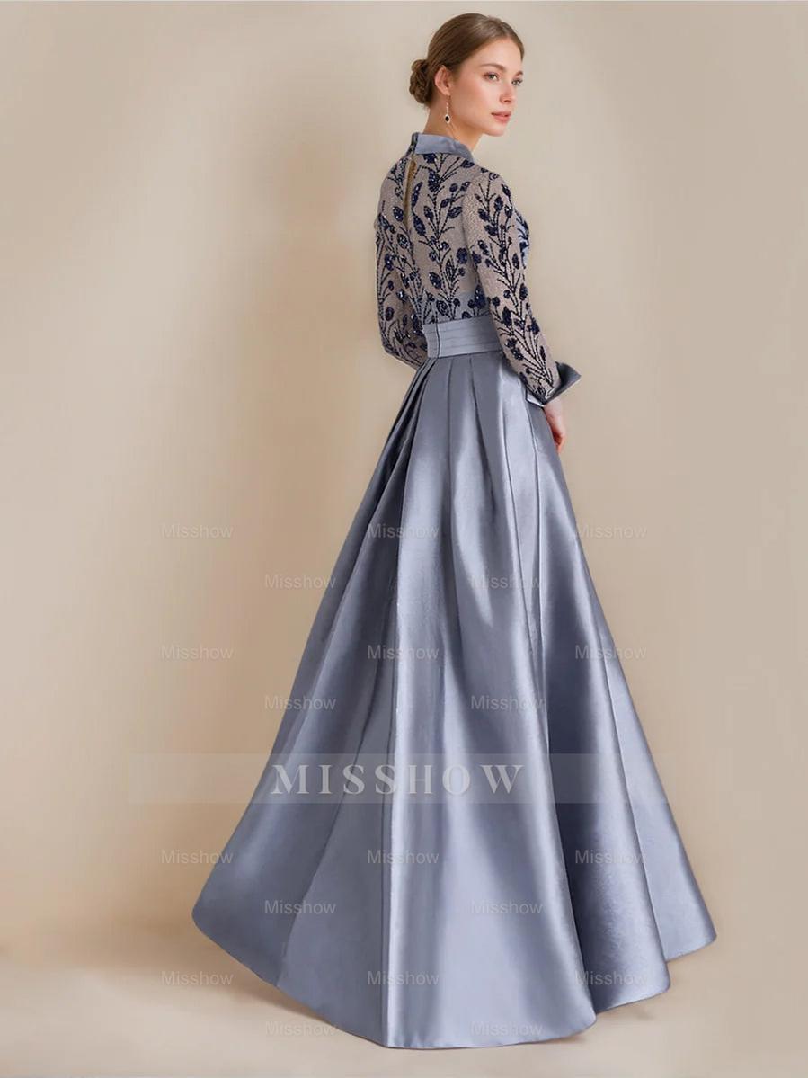 Princess A-Line Floor-Length Mother of the Bride Dresses with Shirt Collar Long Sleeves Appliques & Flower Belt