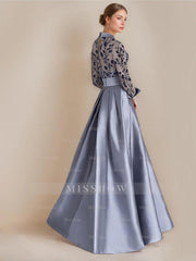 Princess A-Line Floor-Length Mother of the Bride Dresses with Shirt Collar Long Sleeves Appliques & Flower Belt