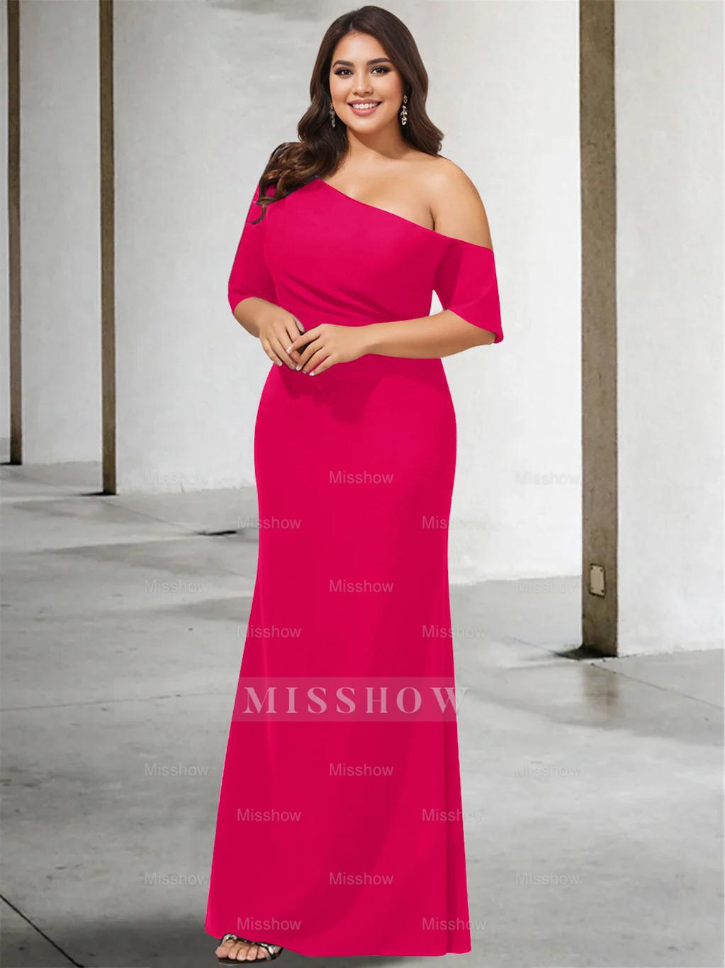 Princess A-Line Floor-Length One-Shoulder 3/4 Sleeve Pure Color Plus Size Mother of the Bride Gown