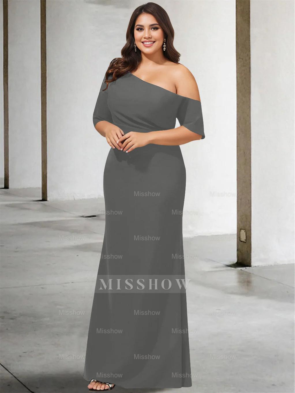 Princess A-Line Floor-Length One-Shoulder 3/4 Sleeve Pure Color Plus Size Mother of the Bride Gown