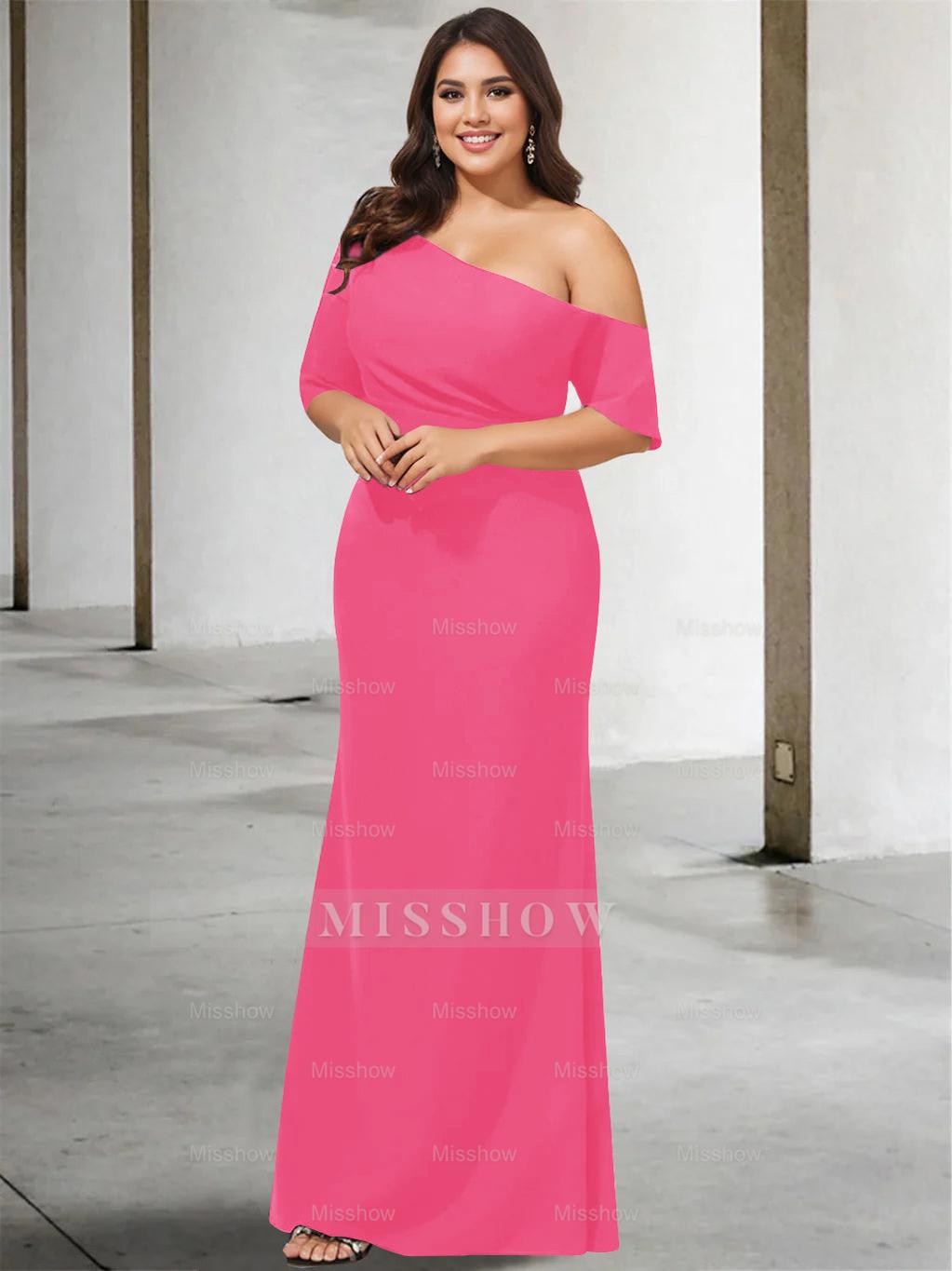 Princess A-Line Floor-Length One-Shoulder 3/4 Sleeve Pure Color Plus Size Mother of the Bride Gown
