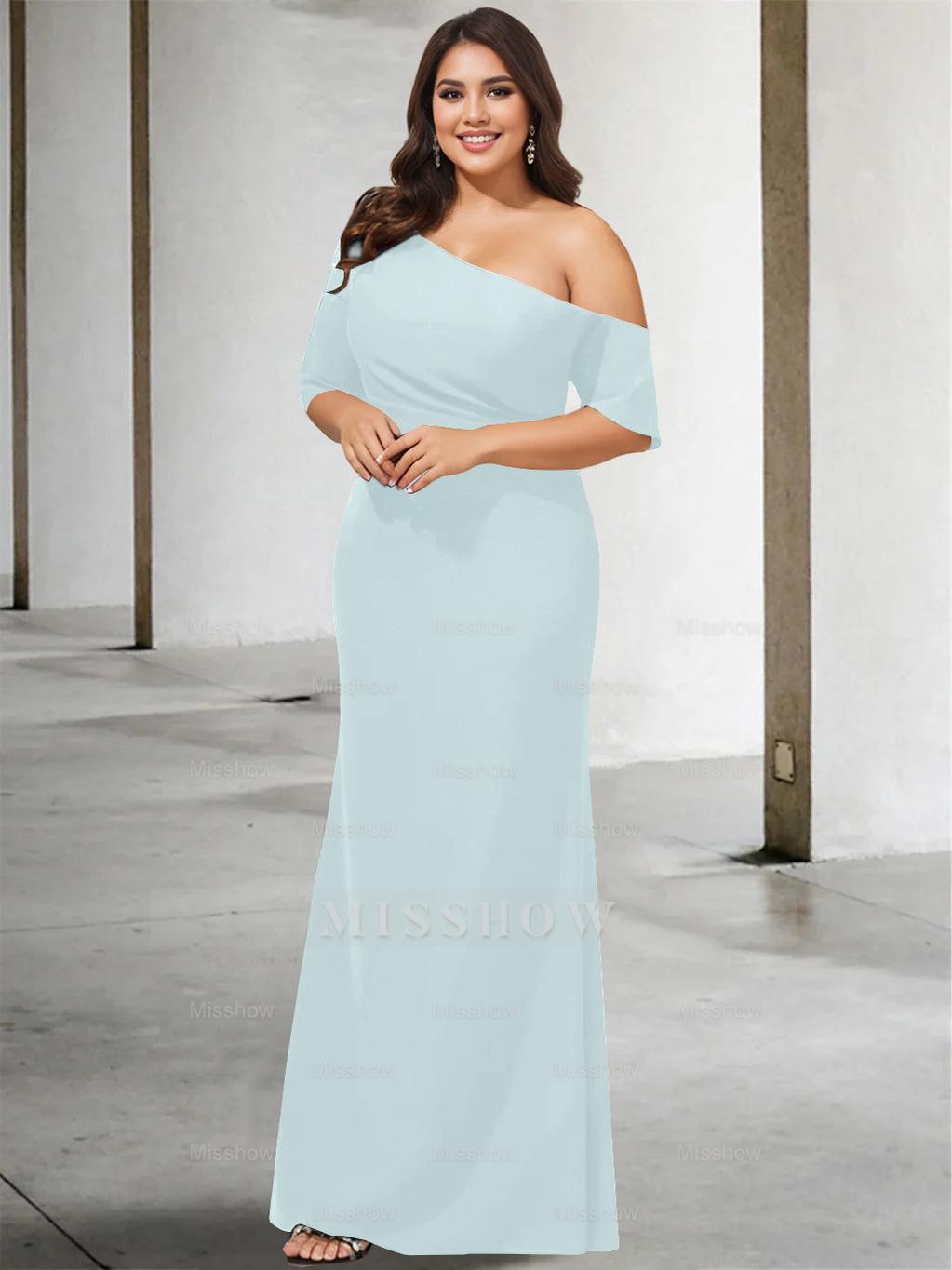 Princess A-Line Floor-Length One-Shoulder 3/4 Sleeve Pure Color Plus Size Mother of the Bride Gown