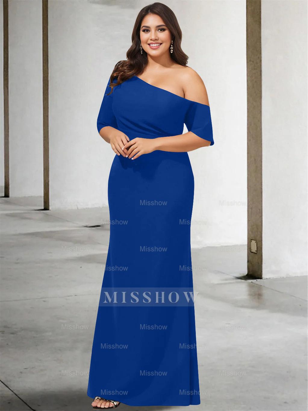 Princess A-Line Floor-Length One-Shoulder 3/4 Sleeve Pure Color Plus Size Mother of the Bride Gown
