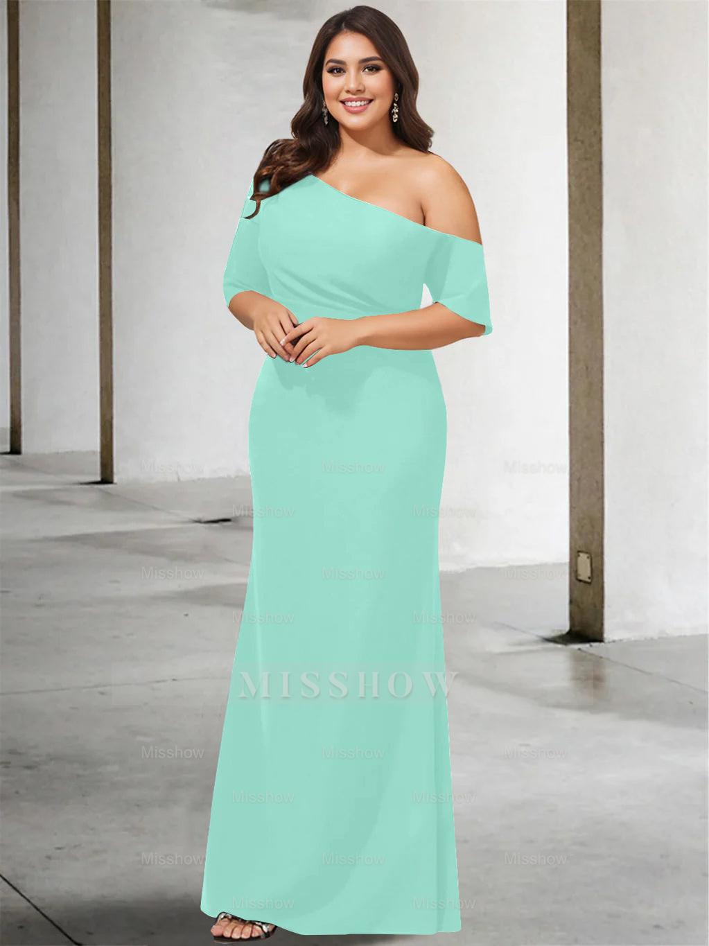Princess A-Line Floor-Length One-Shoulder 3/4 Sleeve Pure Color Plus Size Mother of the Bride Gown