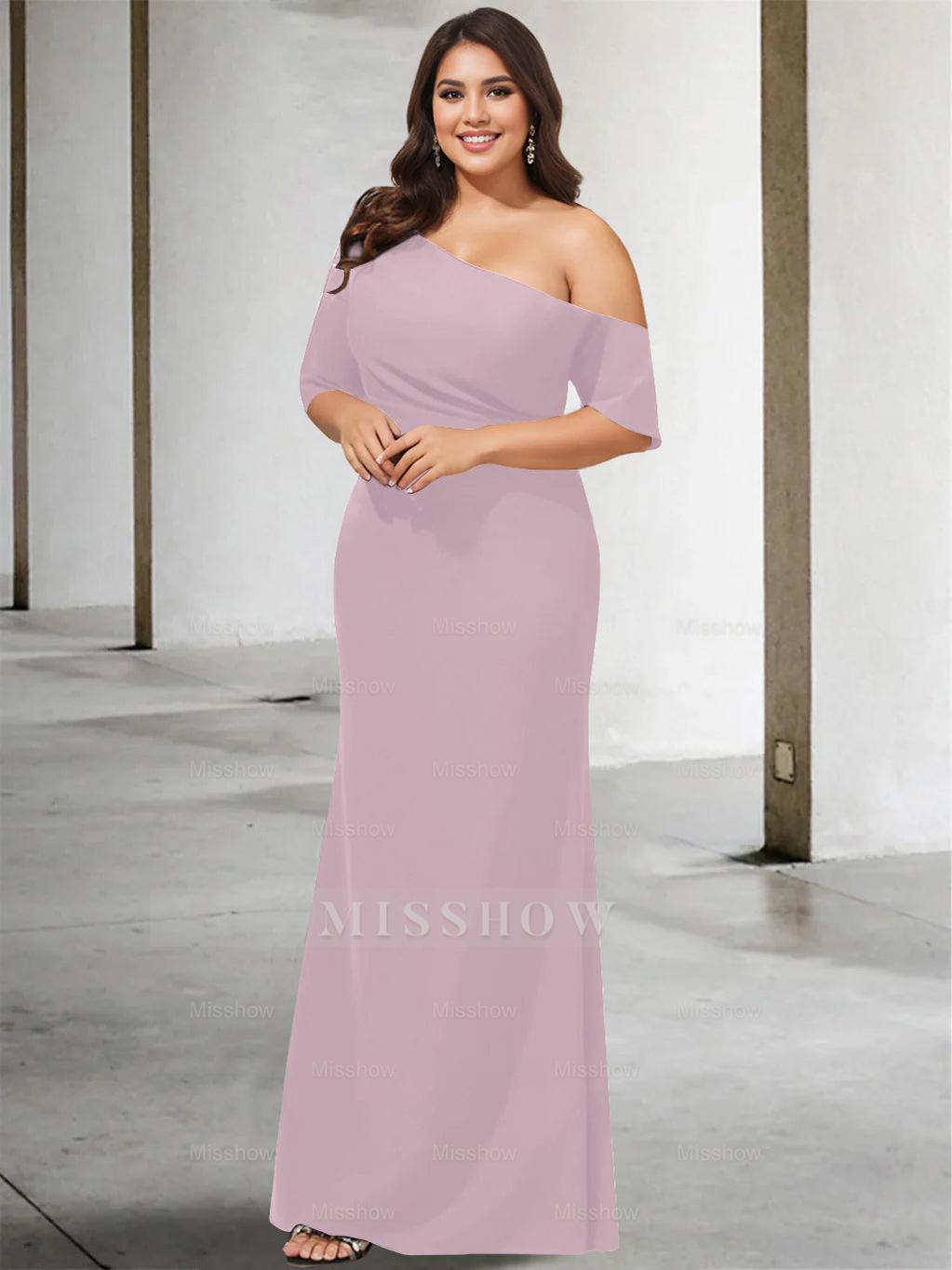 Princess A-Line Floor-Length One-Shoulder 3/4 Sleeve Pure Color Plus Size Mother of the Bride Gown