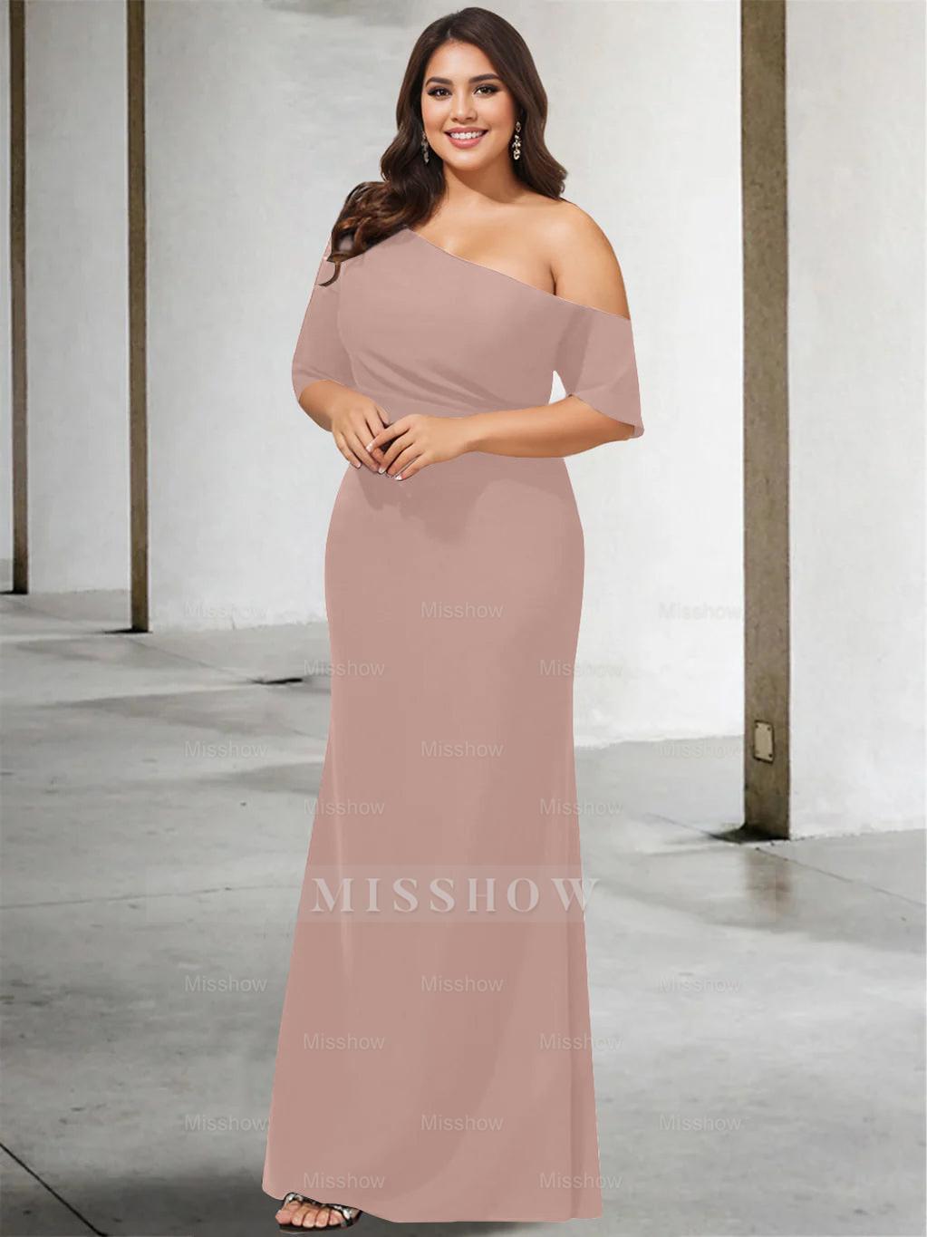 Princess A-Line Floor-Length One-Shoulder 3/4 Sleeve Pure Color Plus Size Mother of the Bride Gown