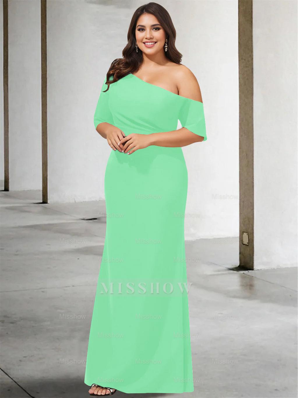 Princess A-Line Floor-Length One-Shoulder 3/4 Sleeve Pure Color Plus Size Mother of the Bride Gown