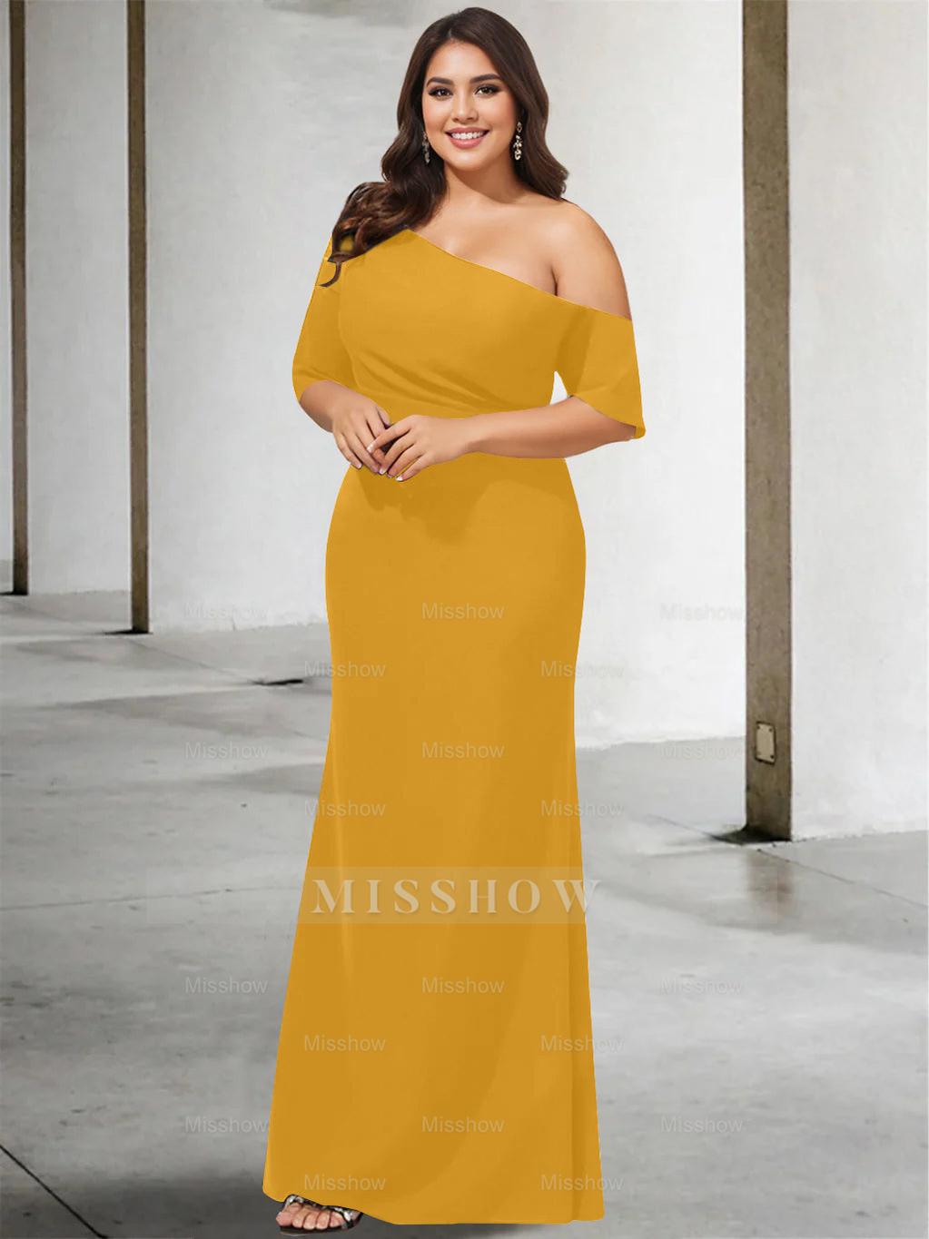 Princess A-Line Floor-Length One-Shoulder 3/4 Sleeve Pure Color Plus Size Mother of the Bride Gown