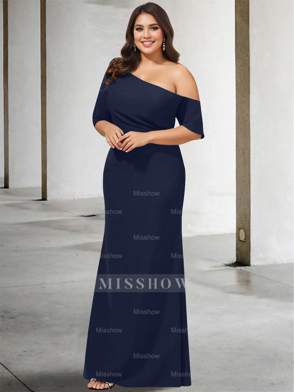 Princess A-Line Floor-Length One-Shoulder 3/4 Sleeve Pure Color Plus Size Mother of the Bride Gown