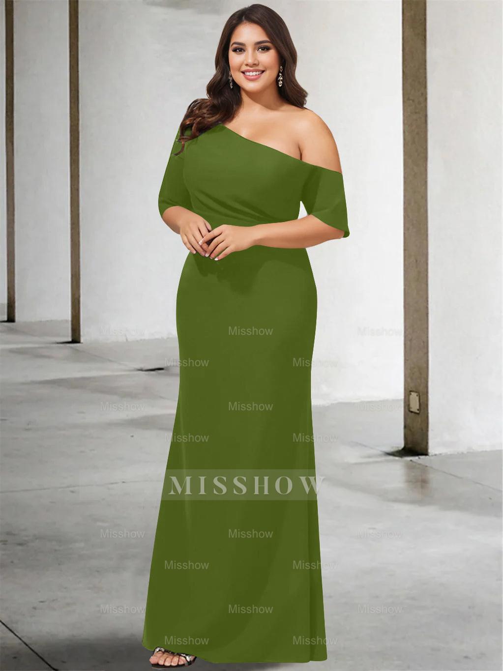 Princess A-Line Floor-Length One-Shoulder 3/4 Sleeve Pure Color Plus Size Mother of the Bride Gown