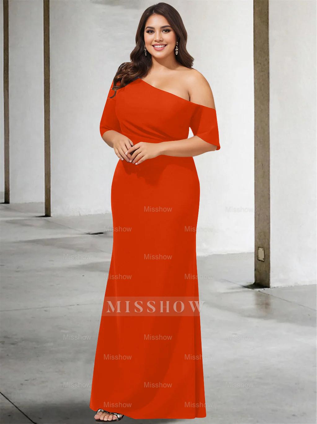 Princess A-Line Floor-Length One-Shoulder 3/4 Sleeve Pure Color Plus Size Mother of the Bride Gown