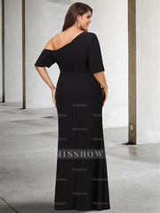 Princess A-Line Floor-Length One-Shoulder 3/4 Sleeve Pure Color Plus Size Mother of the Bride Gown