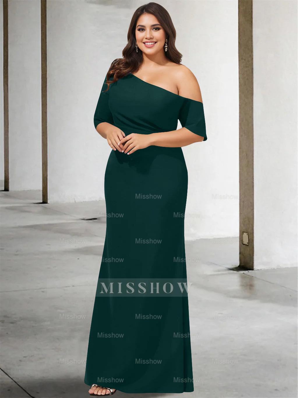 Princess A-Line Floor-Length One-Shoulder 3/4 Sleeve Pure Color Plus Size Mother of the Bride Gown