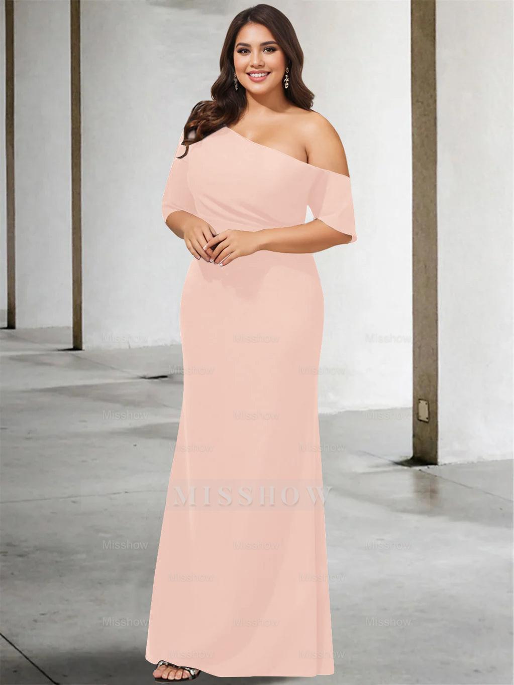 Princess A-Line Floor-Length One-Shoulder 3/4 Sleeve Pure Color Plus Size Mother of the Bride Gown