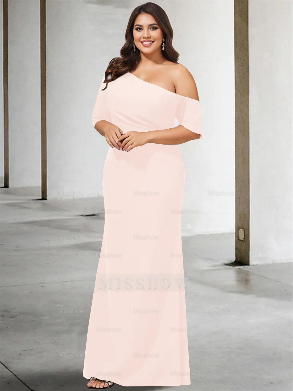 Princess A-Line Floor-Length One-Shoulder 3/4 Sleeve Pure Color Plus Size Mother of the Bride Gown