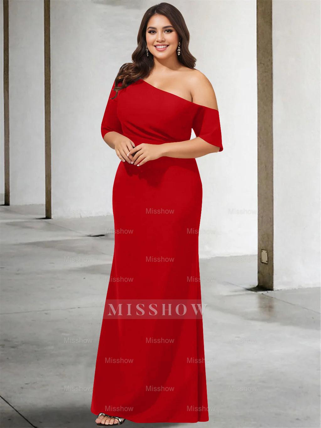 Princess A-Line Floor-Length One-Shoulder 3/4 Sleeve Pure Color Plus Size Mother of the Bride Gown